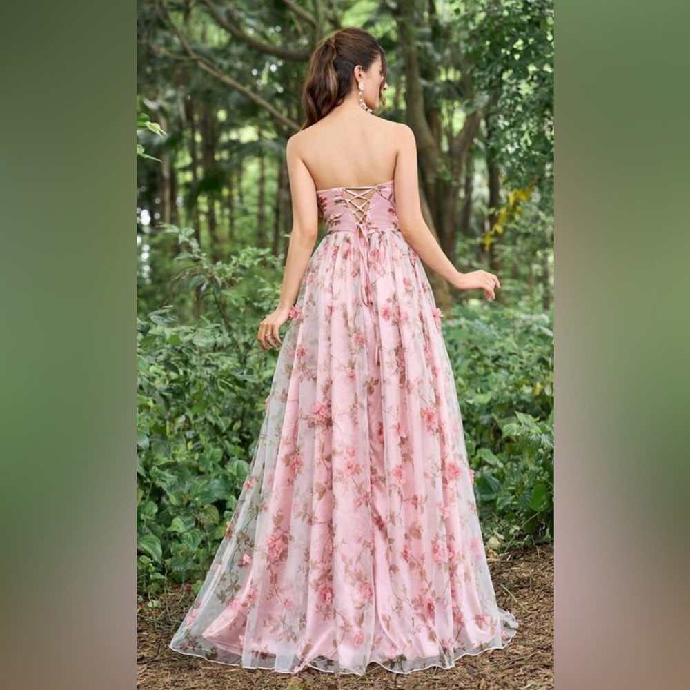 NWOT FAERIESTY SZ 2XL (16) PINK MULTI Strapless Floral Applique W/ Mesh Overlay - Picture 8 of 10
